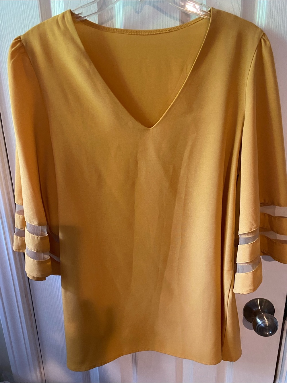 Source Unknown Mustard Yellow V-Neck Blouse with Sheer Stripe Bell Sleeves